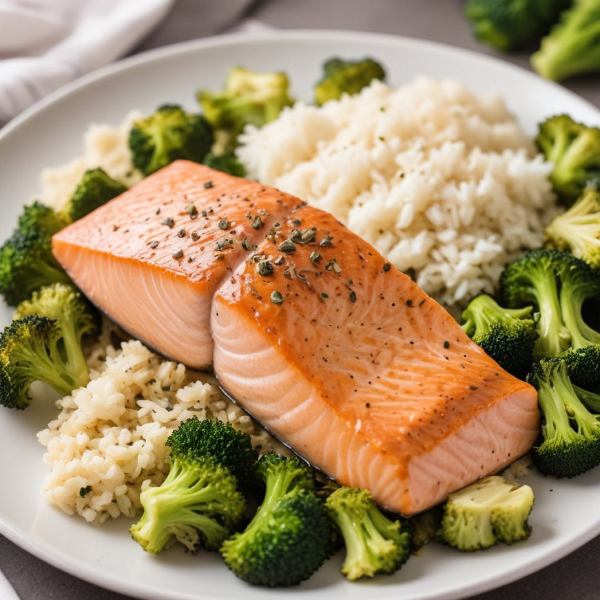 image of a plate of salmon rice and broccoli a gluten free recipes